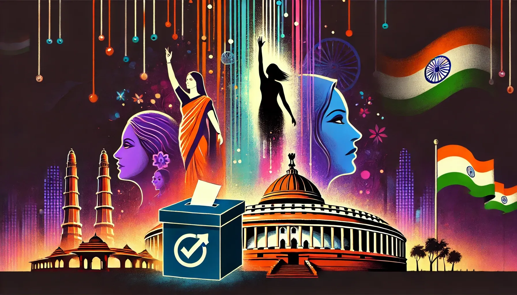 An abstract digital painting illustrating women's political participation in India.